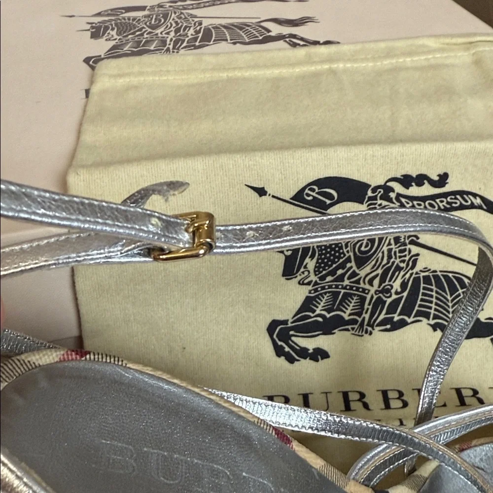 Burberry Silver Plaid Leather Espadrilles Sandals Platform Shoes Size 38 5” Heel